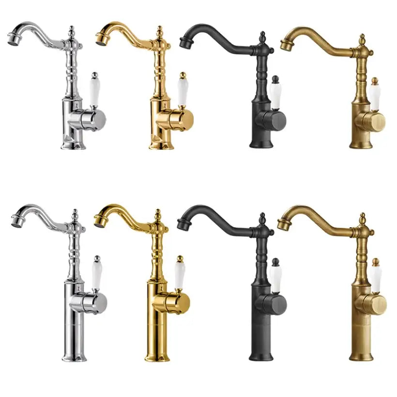 Antique brass and white ceramic decorbites gold luxury vintage style kitchen faucet with polished metallic finish and handle