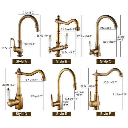 Antique brass and white ceramic kitchen faucet swivel mixer featuring various designs and sizes with ceramic handles