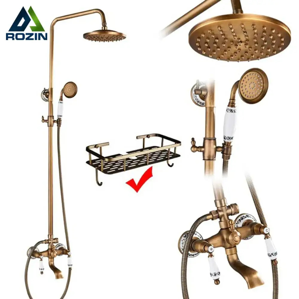 Antique brass and white ceramic shower faucet set with fixed rainhead handheld spray and wall-mounted faucet assembly