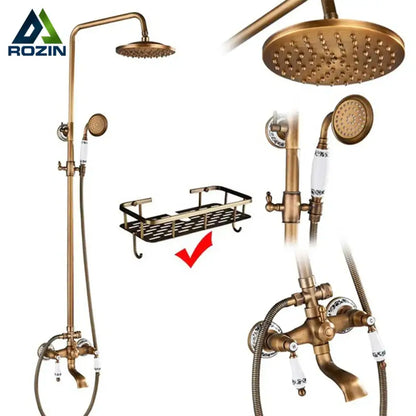 Antique brass and white ceramic shower faucet set with fixed rainhead handheld spray and wall-mounted faucet assembly
