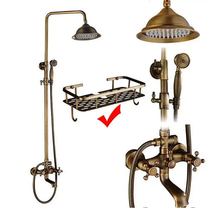 Antique brass and white ceramic shower faucet set with tall handheld showerhead and matching wire rack shelf bathroom system