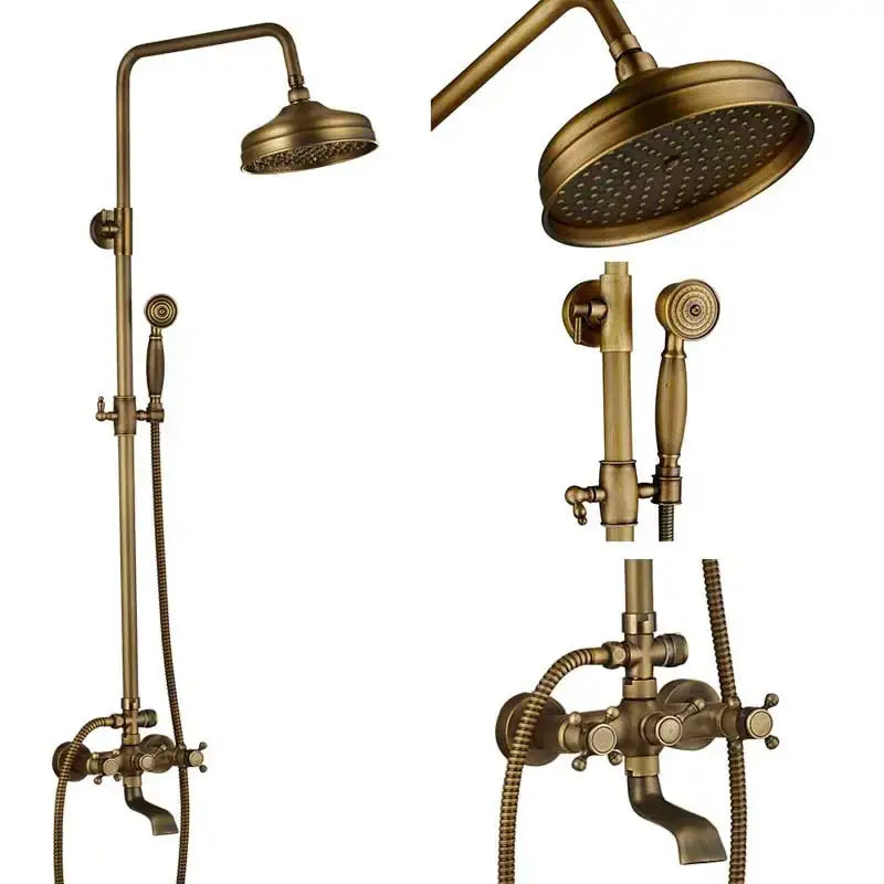 Brass-finished antique brass and white ceramic shower faucet set with rainhead and handheld spray for vintage bathroom use