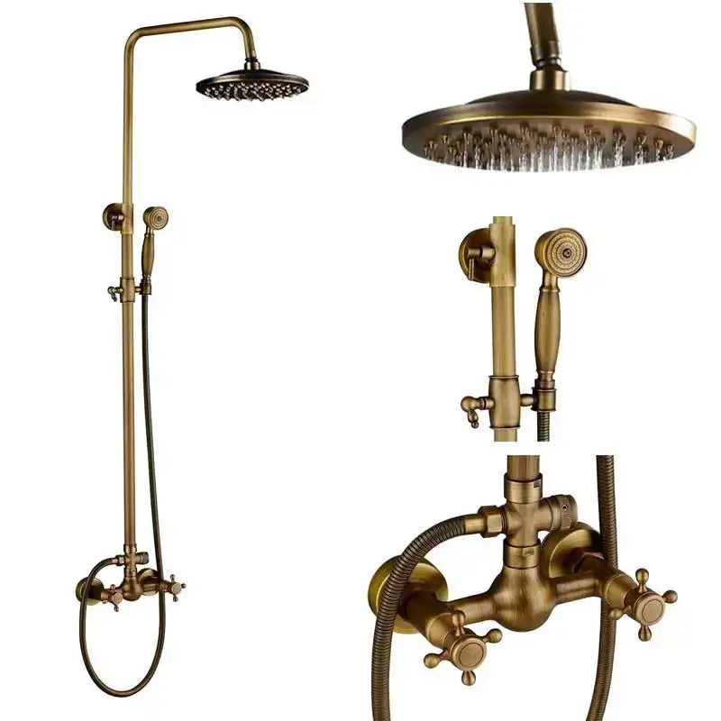 Antique brass and white ceramic shower faucet set with tall rainhead, handheld spray, and wall-mounted valve assembly