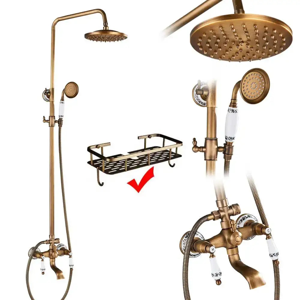 Antique brass and white ceramic shower faucet set with ceramic valve handles and matching wall-mounted shelf