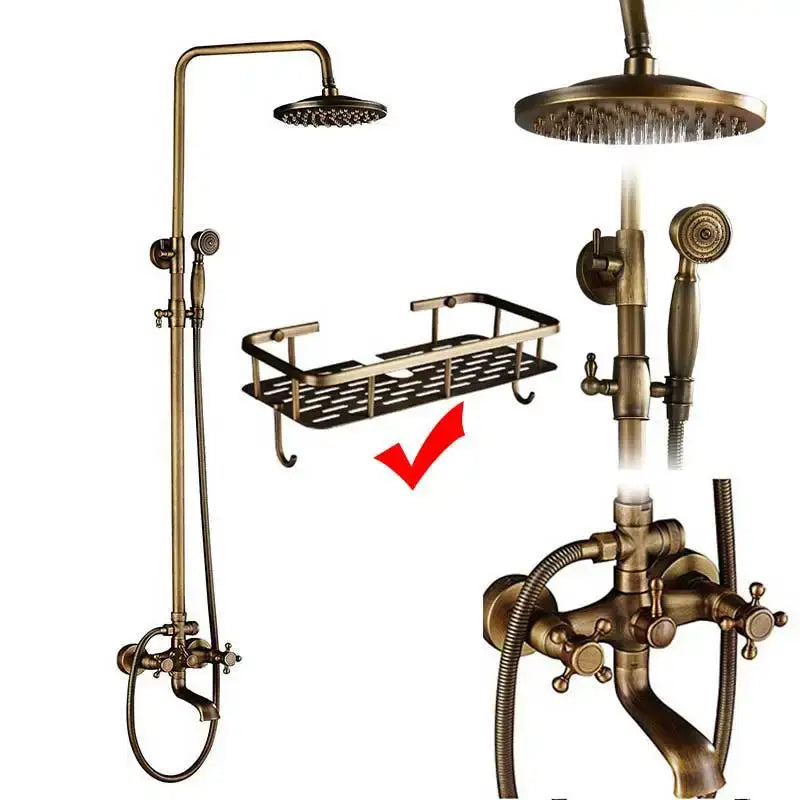 Antique brass and white ceramic shower faucet set with brass-finished rainhead handheld spray and wall-mounted faucet assembly