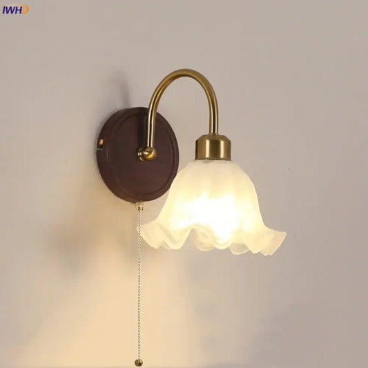 Antique brass and wood led wall light with frosted glass bell-shaped shade for bedroom decorbites led wall sconce