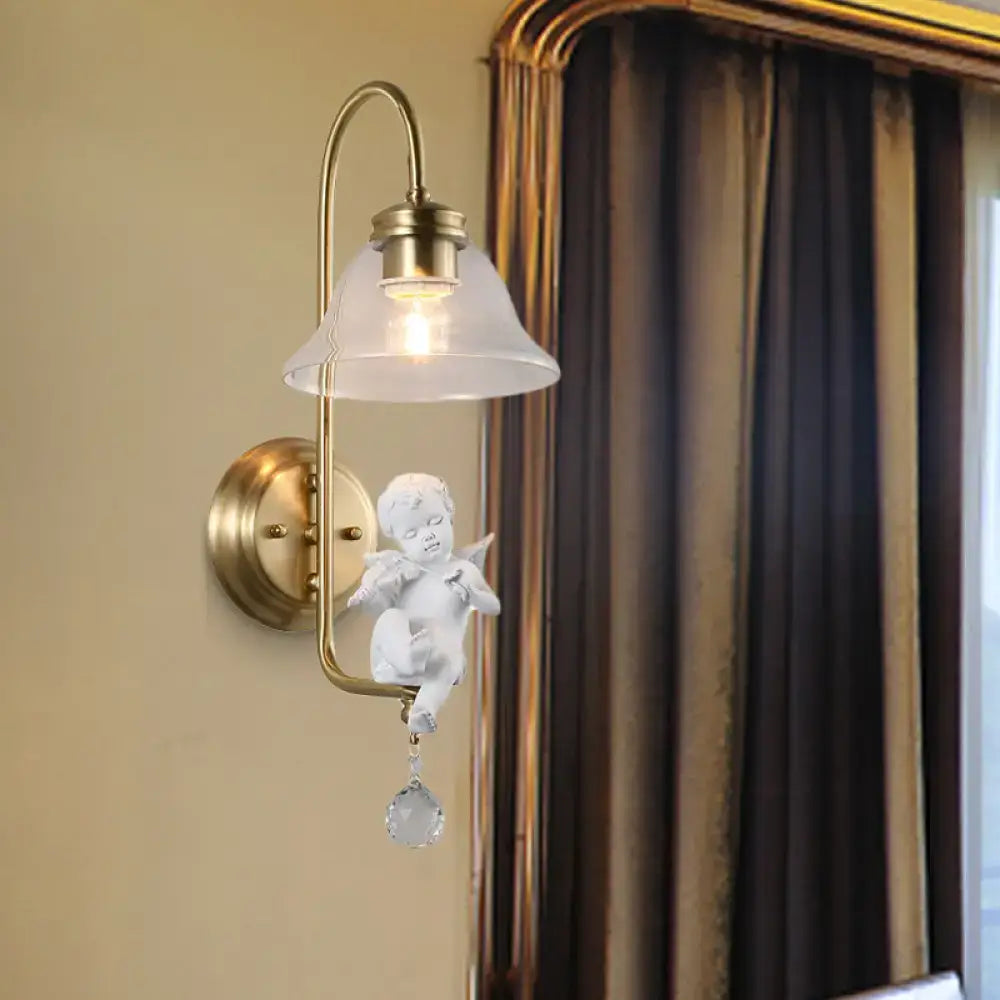Antique brass angel glass sconce light with frosted glass shade and attached white angel figurine for bedroom wall lamp