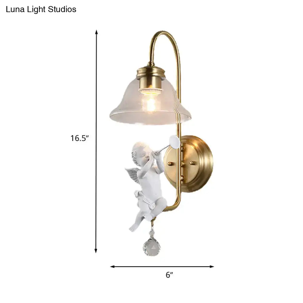 Antique brass angel glass sconce light with white angel figurine and amber clear glass shade for bedroom wall lamp