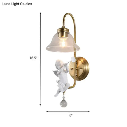 Antique brass angel glass sconce light with white angel figurine and amber clear glass shade for bedroom wall lamp