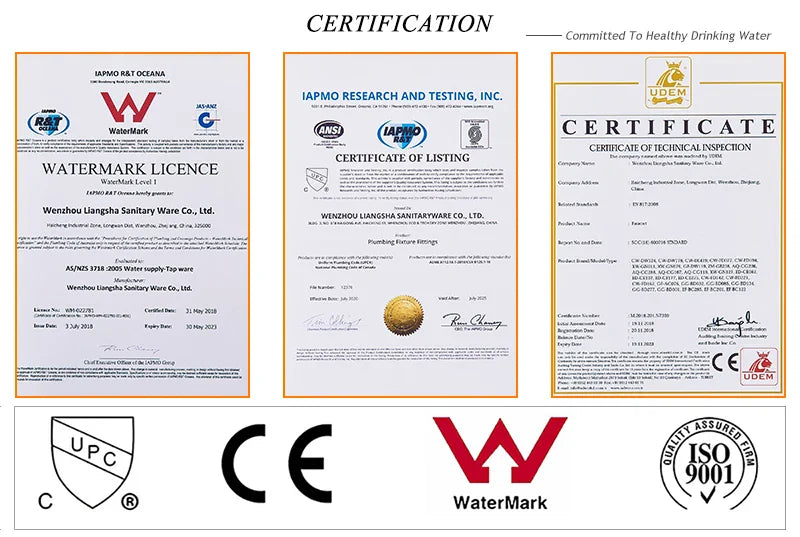 Three official certification documents for wenzhou liangsha sanitary ware co ltd antique brass basin faucet are shown