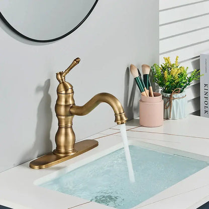 Antique brass basin faucet with single handle swivel spout and decorative base for bathroom use decorbites brass basin faucet