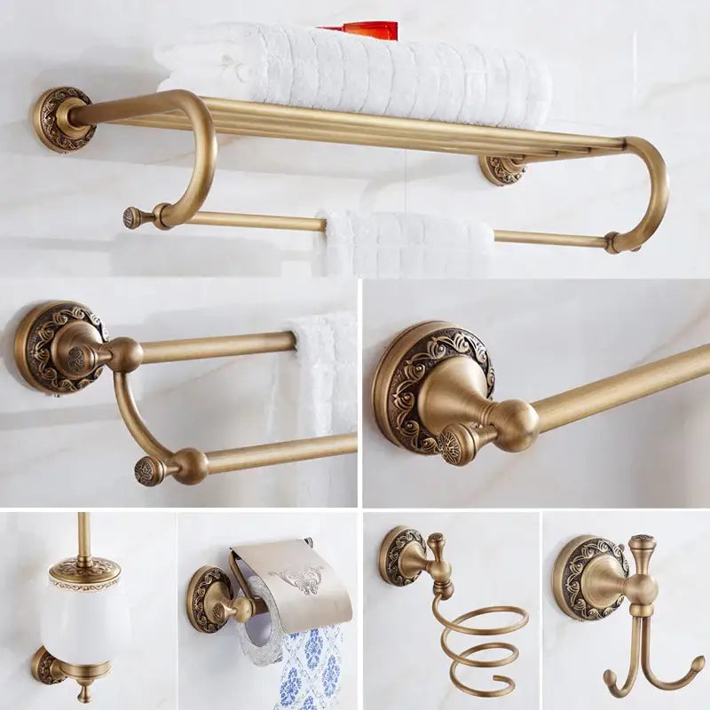 Antique brass bath hardware set featuring ornate vintage floral detailing on brass antique decorbites wall fixtures