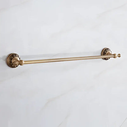 Antique brass bath hardware towel rack with ornate circular end caps and polished finish for vintage bathroom decorbites brass antique