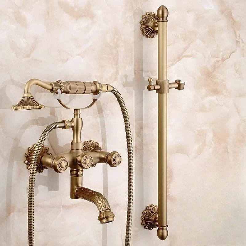 Antique brass bathtub shower set featuring a vintage-style faucet with ornate detailing and matching shower rod