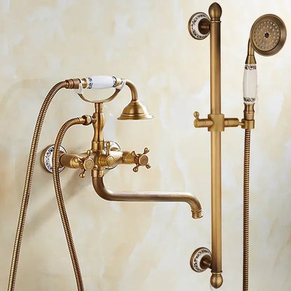 Antique brass bathtub shower set with white ceramic handles and decorative porcelain accents for brass bathtub shower decorbites