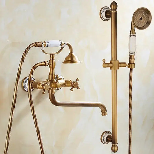 Antique brass bathtub shower set with white ceramic handles and decorative porcelain accents for brass bathtub shower decorbites