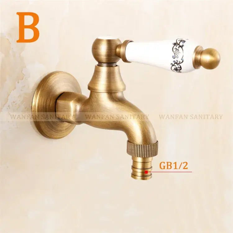 Antique brass bibcock faucet with decorbites brass antique finish and white ceramic handle with black floral patterns