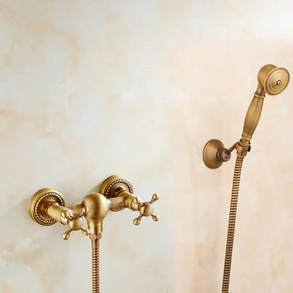 Antique brass bidet mixer faucet with vintage wall-mounted shower faucet and ornate cross handles handheld showerhead