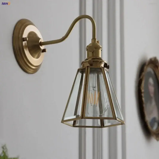 Antique brass blue flower glass led wall sconce with geometric shade and exposed filament bulb for bedroom decorbites blue flower