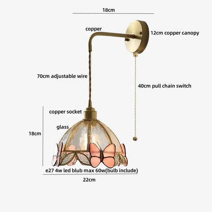 Antique brass butterfly glass led wall light with decorative copper sconce and pink clear stained glass shade for bedroom decorbites butterfly glass