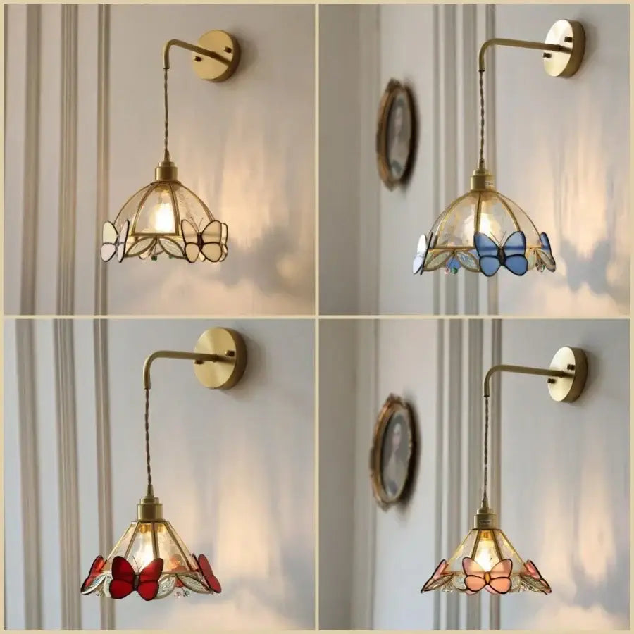 Antique brass butterfly glass led wall light with stained glass sconce and curved arm for bedroom decorbites butterfly glass