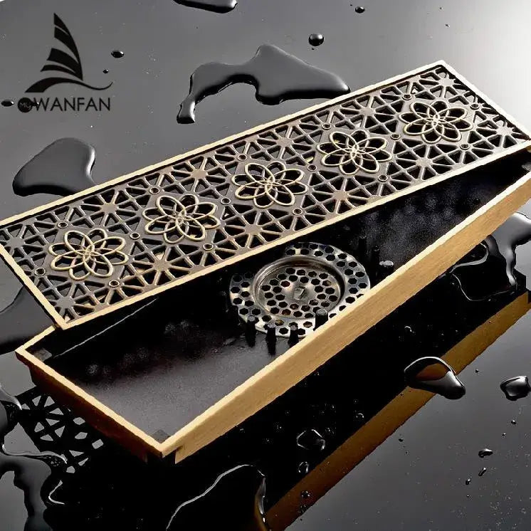 Bronze-colored antique brass carved floor drain cover with floral and geometric patterns for bathroom drainage