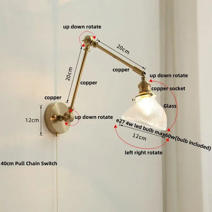 Adjustable antique brass ceramic copper led wall light with textured glass shade for bedroom decorbites ceramic copper decor