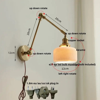 Adjustable antique brass ceramic copper led wall light with ribbed ceramic shade and included led bulb for bedroom decorbites