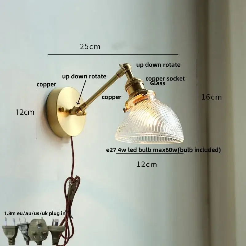 Brass-finished adjustable wall light with ribbed glass shade ceramic copper led bedroom sconce decorbites ceramic copper