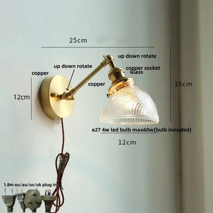 Brass-finished adjustable wall light with ribbed glass shade ceramic copper led bedroom sconce decorbites ceramic copper