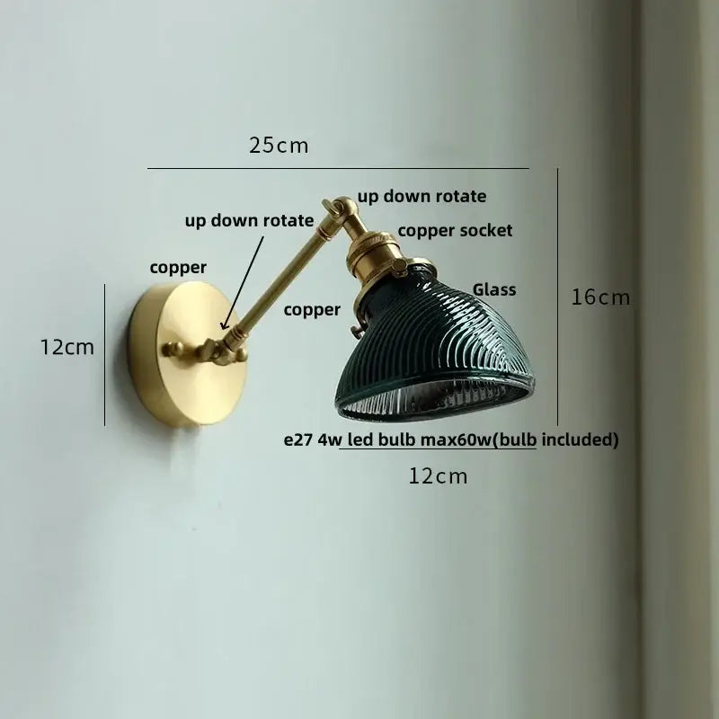 Antique brass ceramic copper led wall light with dark green ribbed glass shade for elegant bedroom decorbites ceramic copper