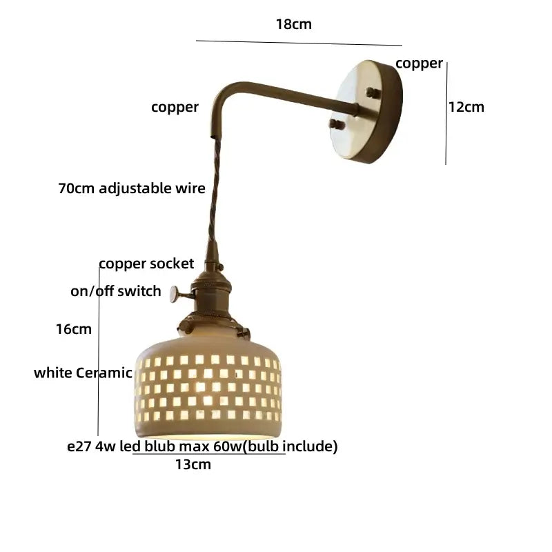 Antique brass ceramic led wall light with copper finish and white ceramic shade featuring square cutouts for bedroom decorbites ceramic led wall