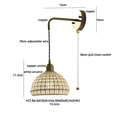 Antique brass ceramic led wall light with white ceramic shade featuring intricate woven lattice design by decorbites wall light decor