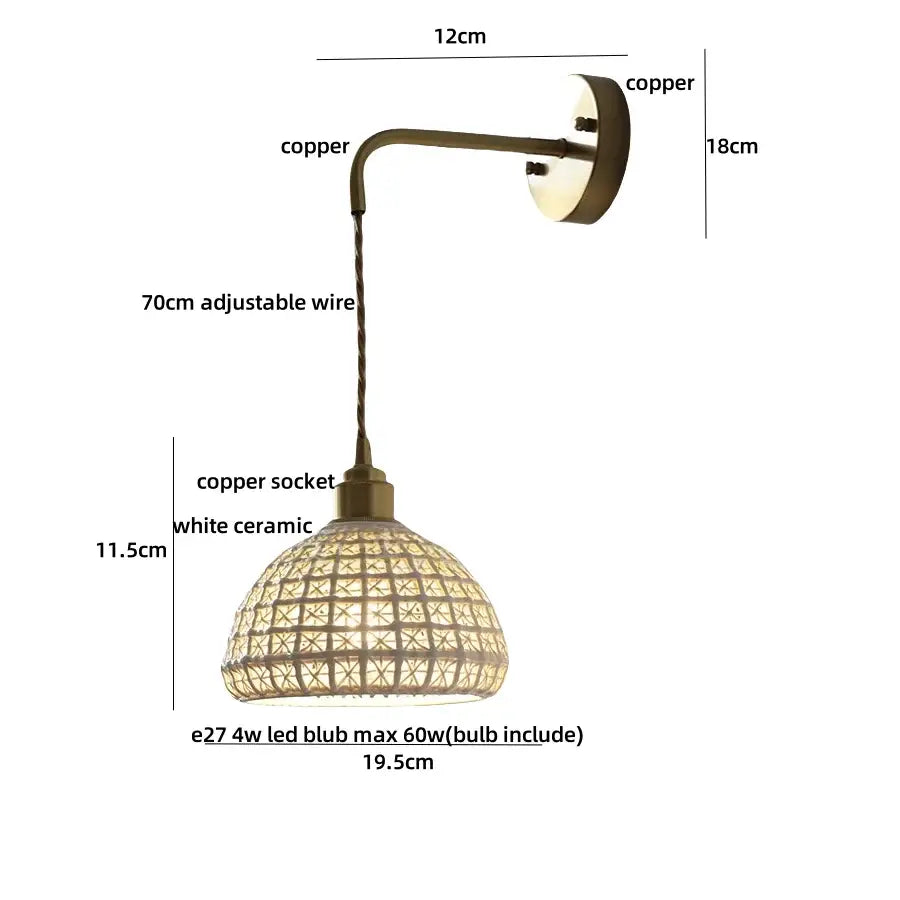 Antique brass ceramic led wall light with white ceramic shade and intricate woven lattice design for bedroom decorbites ceramic led