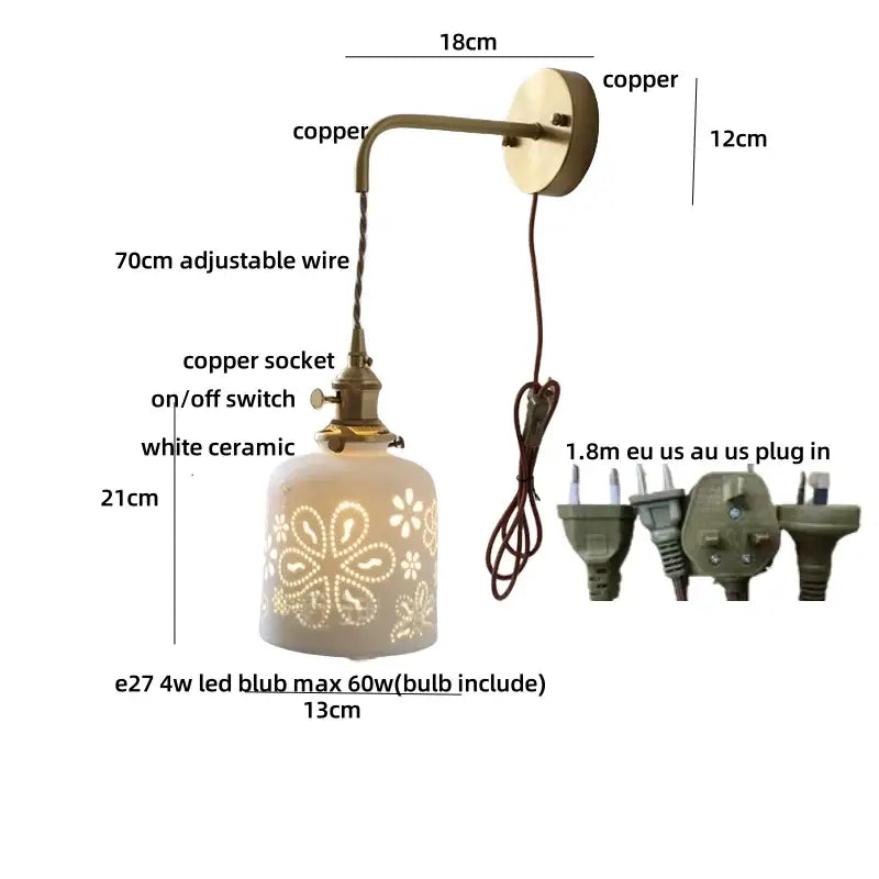 Antique brass ceramic led wall light with white floral cutout ceramic shade and adjustable copper arm for bedroom decorbites ceramic led wall