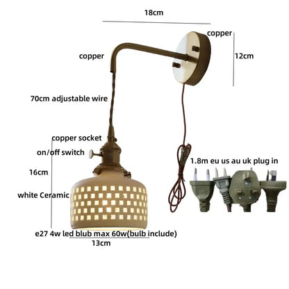 Antique brass ceramic led wall light with white ceramic shade featuring square cutouts for bedroom decorbites ceramic led use