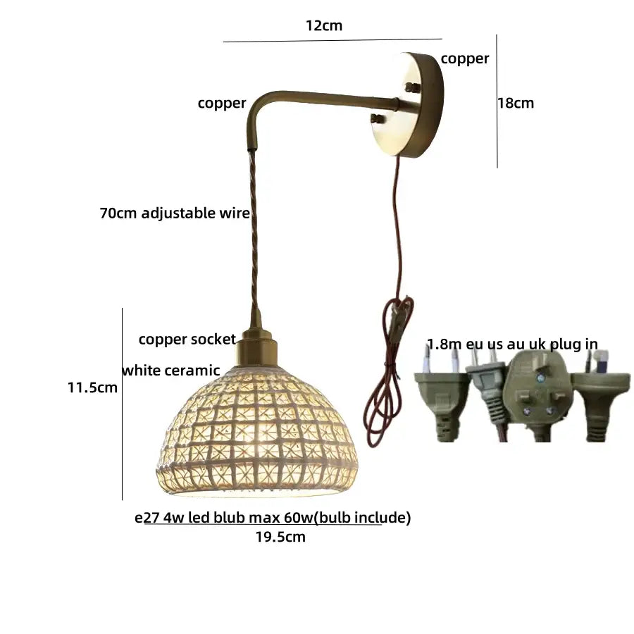 Antique brass ceramic led wall light with white ceramic lattice shade and adjustable 70cm wire for bedroom decorbites ceramic led