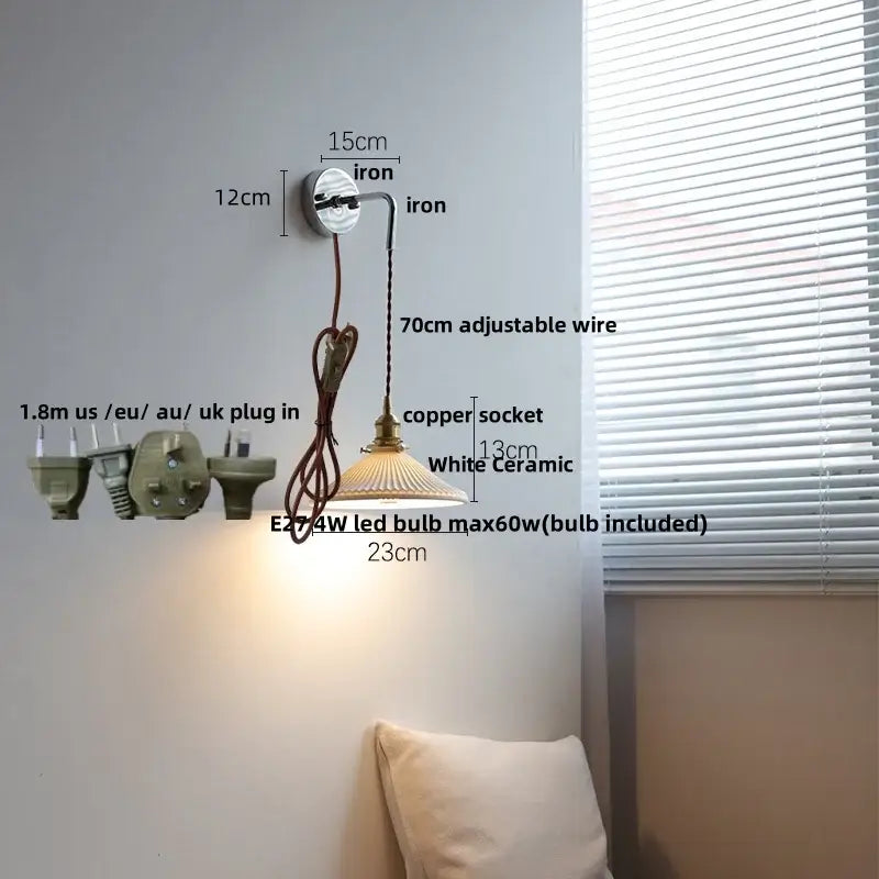 Vintage-style antique brass ceramic led wall sconce with white ceramic shade and adjustable copper wire decorbites ceramic led wall