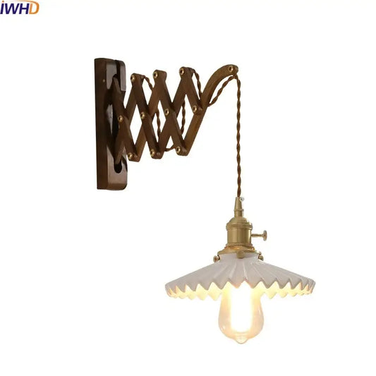 Antique brass ceramic walnut wall sconce with retractable arm and white scalloped glass shade for bedroom decorbites ceramic walnut wall
