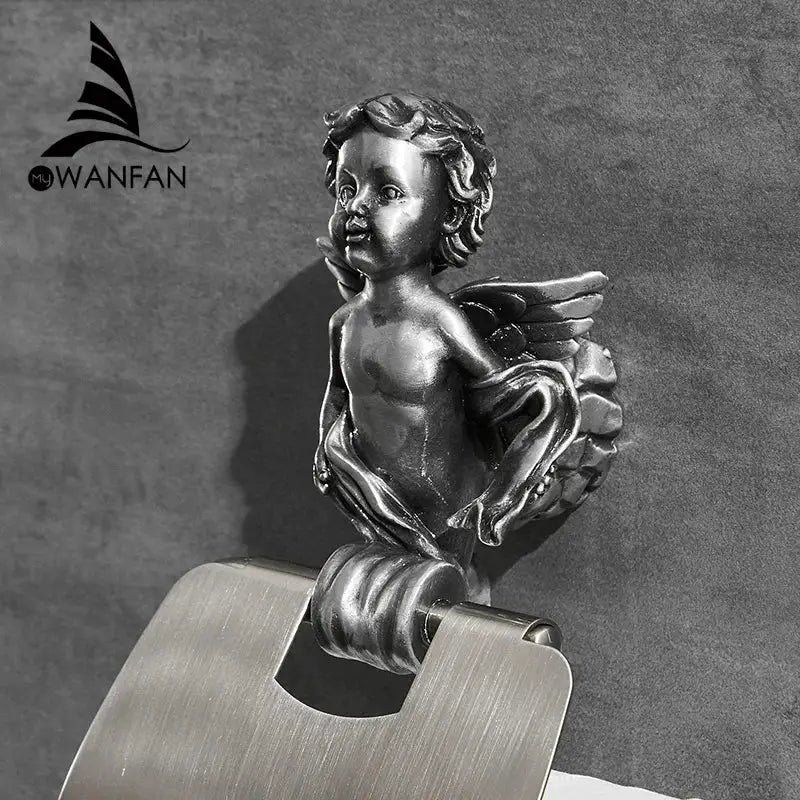 Antique silver-toned decorbites classic angel figurine toilet paper holder with detailed wings and draped fabric for bathroom decor
