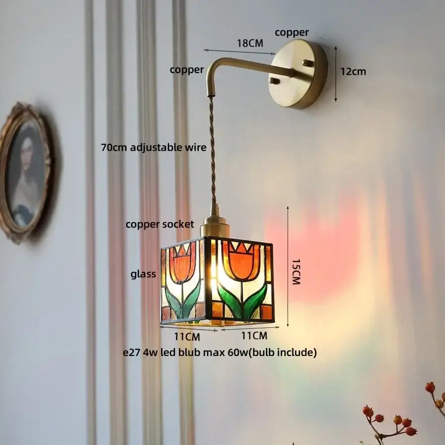 Copper-finished wall lamp with stained glass orange and green tulip shade clear flower acrylic decorbites design