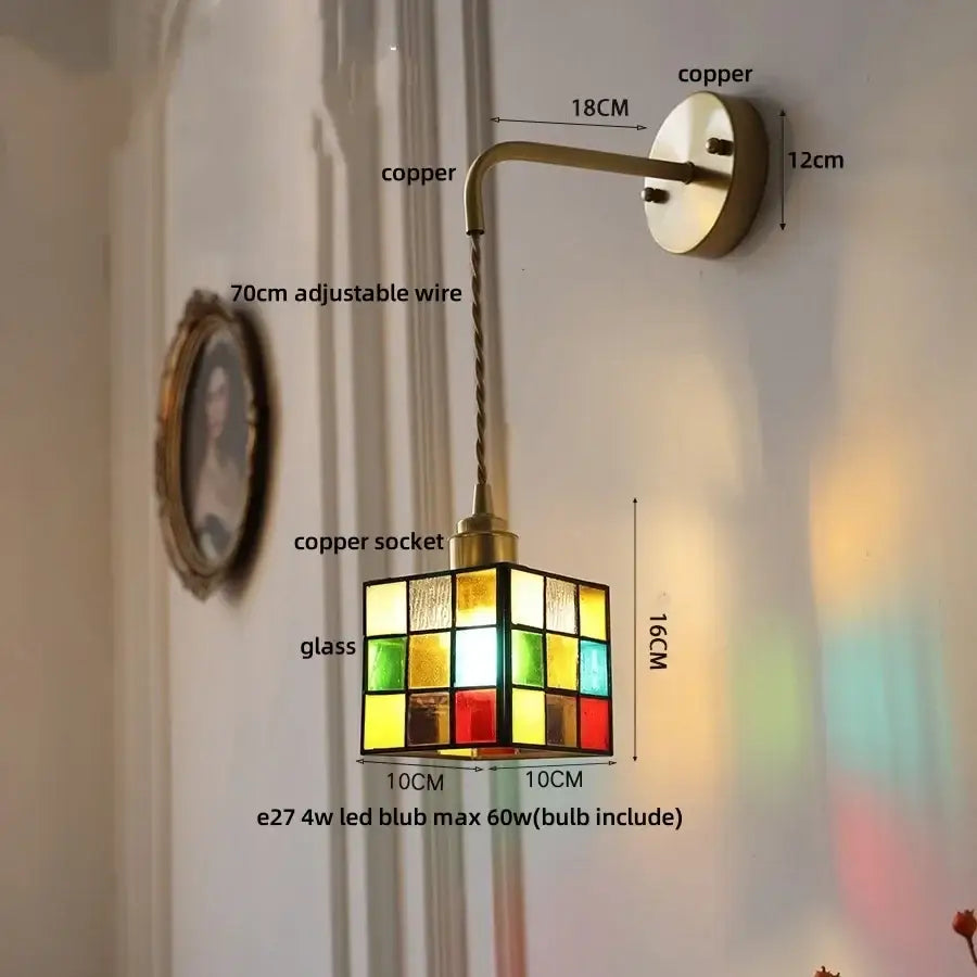 Colorful stained glass cube wall lamp with copper finish arm and decorbites clear flower acrylic for bedroom stair light