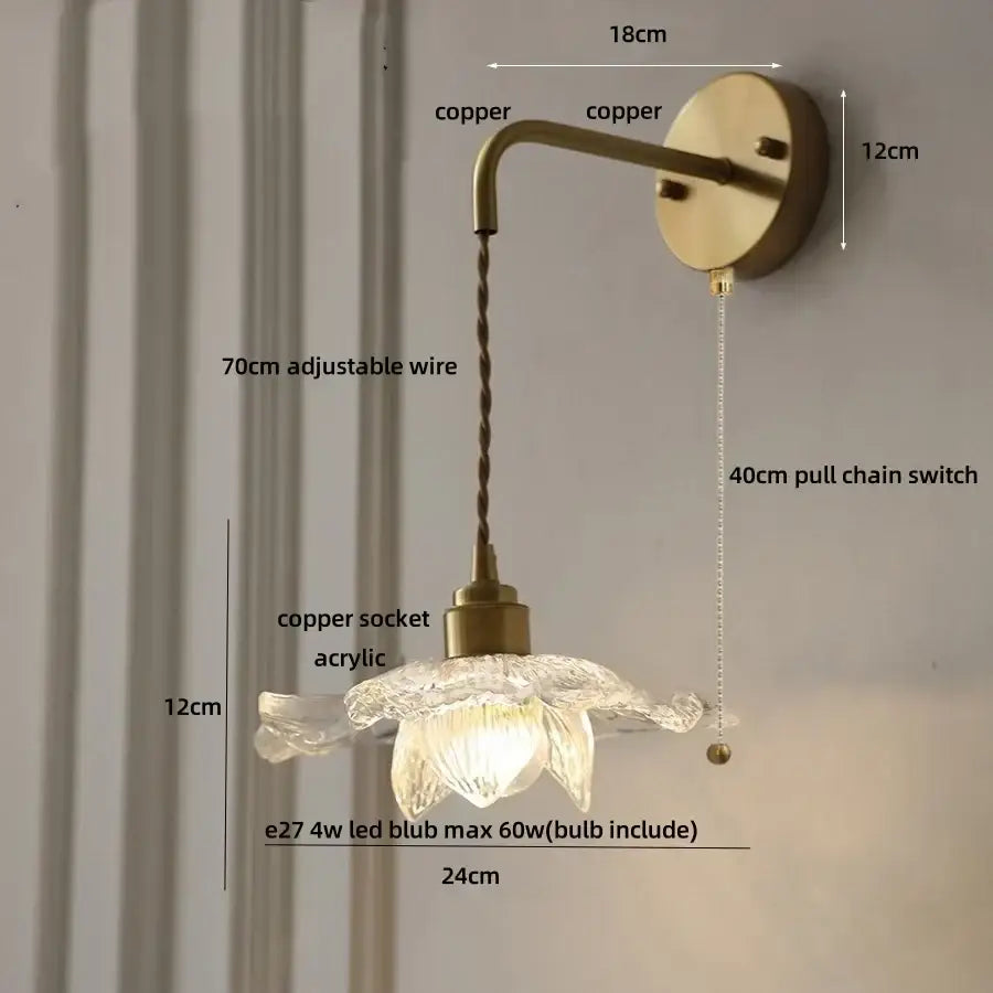 Antique brass clear flower acrylic wall lamp with delicate translucent acrylic petals and brass-finished copper arm