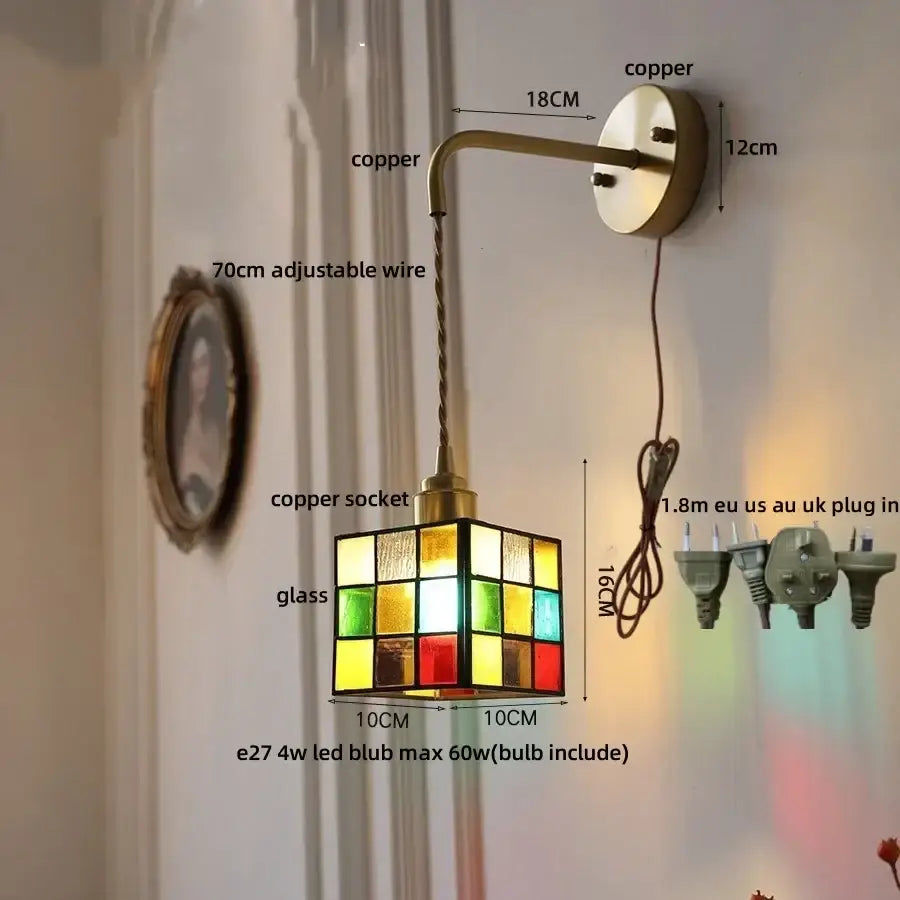 Copper-finished wall lamp with a colorful stained glass cube shade clear flower acrylic decorbites clear flower design