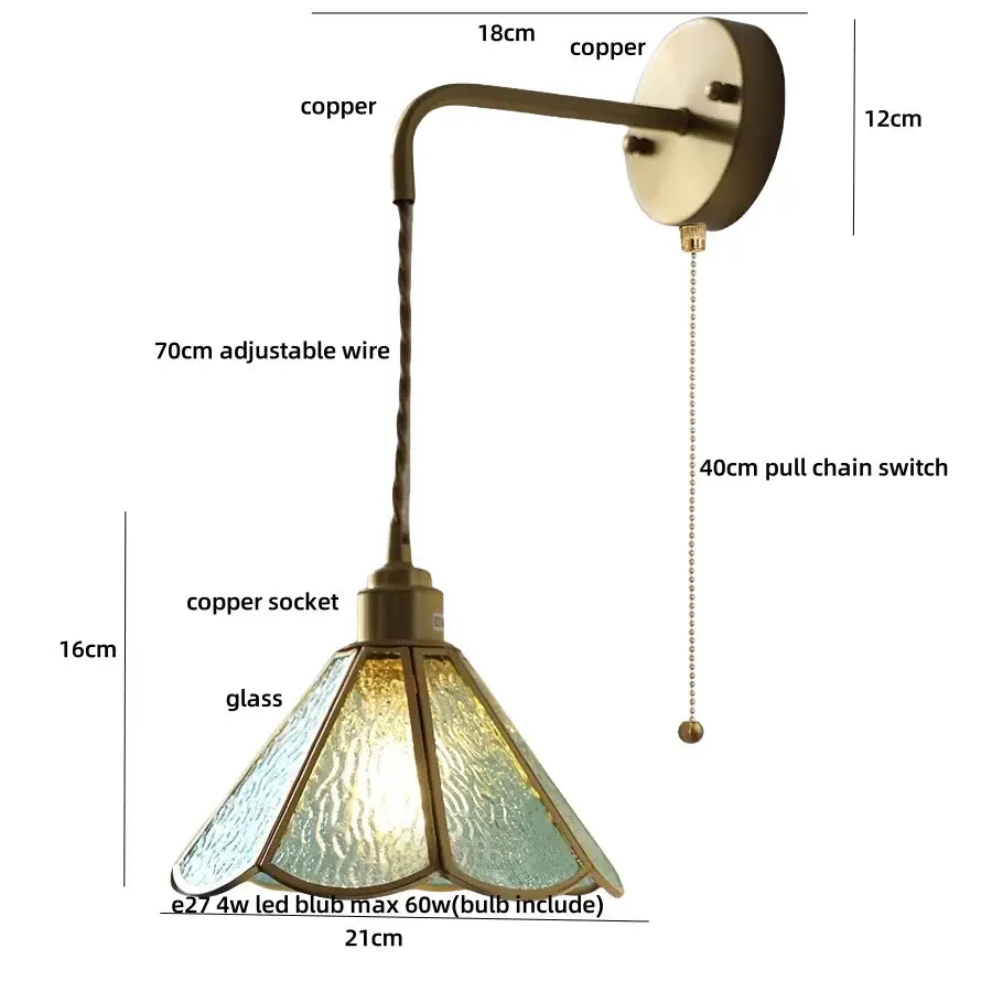 Antique brass wall lamp with decorbites clear flower acrylic shade featuring textured blue and amber panels for bedroom stair light