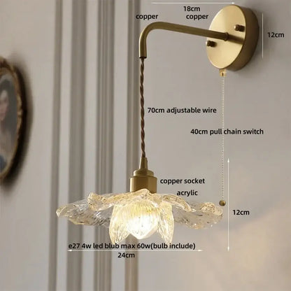 Antique brass clear flower acrylic wall lamp with delicate translucent glass flower and brass-finished copper mounting