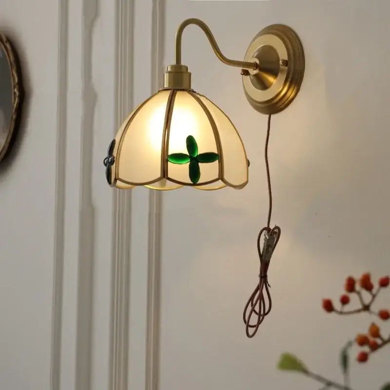 Antique brass clover glass brass wall sconce with frosted shade featuring green clover for dining room decorbites glass brass