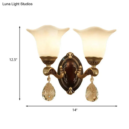 Antique brass wall lamp with dark brown ornate design, cream glass shades, crystal teardrops, compatible with e12 e14 base