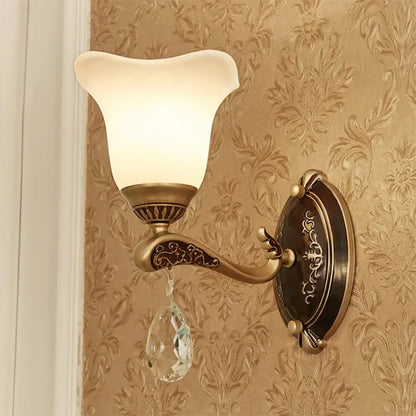 Antique brass wall lamp with frosted glass shade and ornate crystal droplet compatible with e12 e14 base