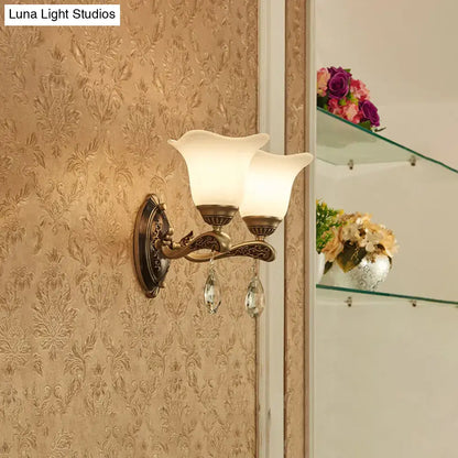 Antique brass two-light wall lamp with frosted glass shades, crystal droplets, compatible with e12 e14 base bulbs